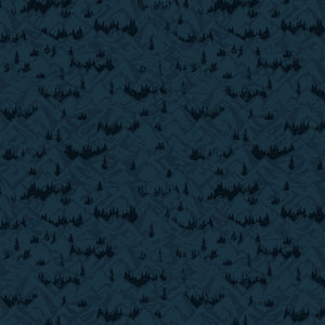 Navy blue fabric with layered mountain ranges and dark evergreen forest silhouettes.