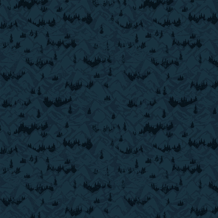 Navy blue fabric with layered mountain ranges and dark evergreen forest silhouettes.