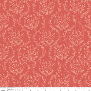 Riley Blake Sketchbook fabric, Vines Ginger, coral fabric with tan floral bouquet damask print