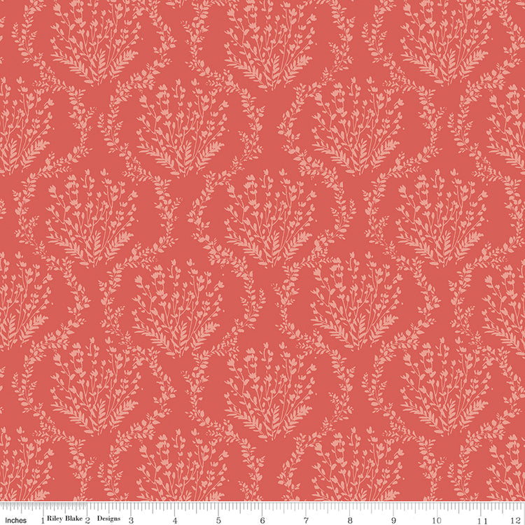 Riley Blake Sketchbook fabric, Vines Ginger, coral fabric with tan floral bouquet damask print