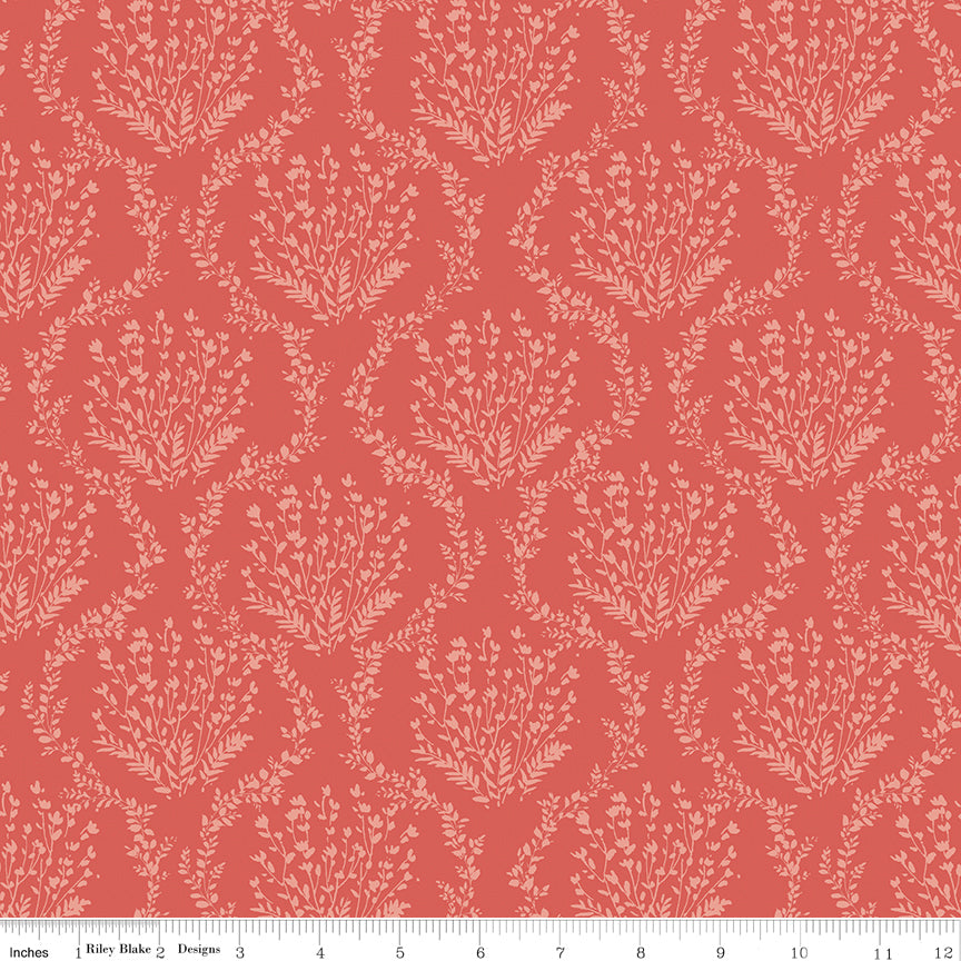 Riley Blake Sketchbook fabric, Vines Ginger, coral fabric with tan floral bouquet damask print