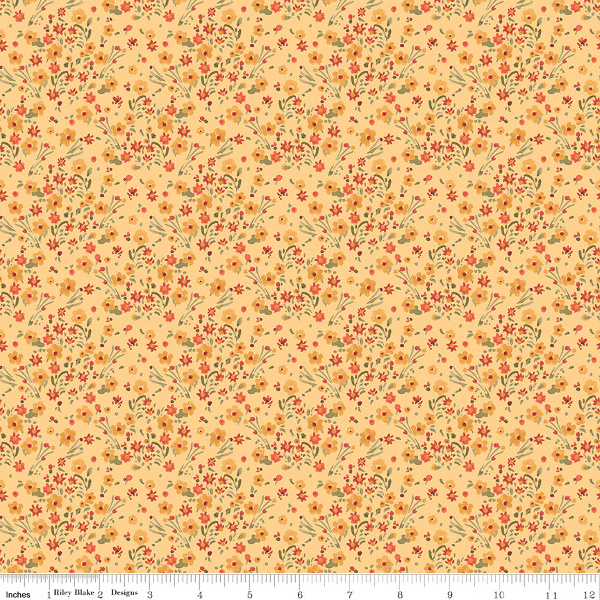 Riley Blake Sketchbook Blossoms Sunny fabric, small floral print in gold and red on yellow background