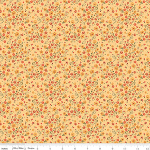 Riley Blake Sketchbook Blossoms Sunny fabric, small floral print in gold and red on yellow background