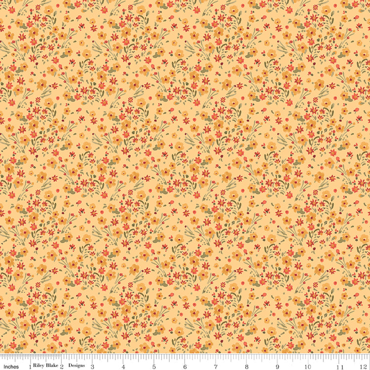 Riley Blake Sketchbook Blossoms Sunny fabric, small floral print in gold and red on yellow background