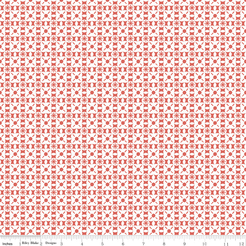 Riley Blake Sketchbook Geo Ginger fabric, coral geometric tile print on white with ruler for scale