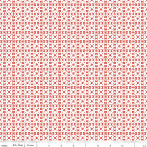 Riley Blake Sketchbook Geo Ginger fabric, coral geometric tile print on white with ruler for scale