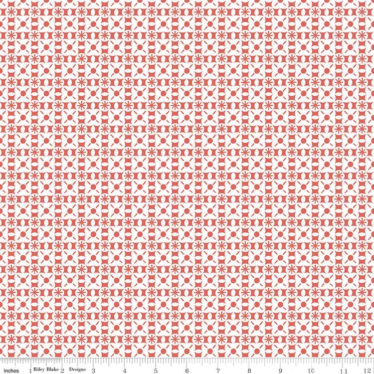 Riley Blake Sketchbook Geo Ginger fabric, coral geometric tile print on white with ruler for scale
