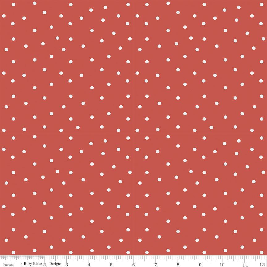 Riley Blake Sketchbook fabric swatch, ginger red with small white polka dots