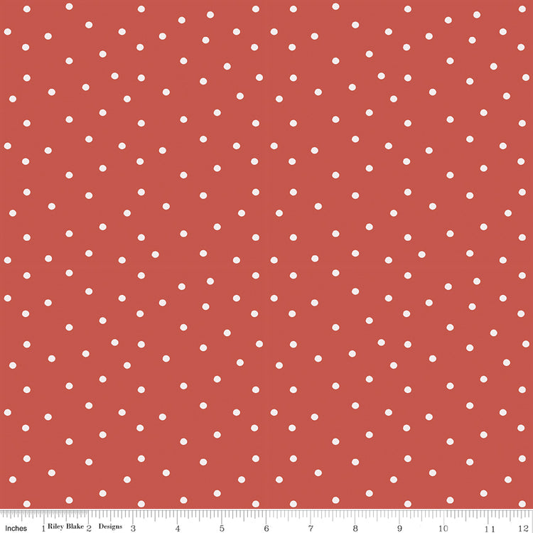 Riley Blake Sketchbook fabric swatch, ginger red with small white polka dots