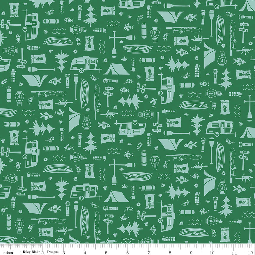 Riley Blake Let's Camp Green fabric with camping icons like tents, canoes, and trailers on green