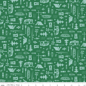 Riley Blake Let's Camp Green fabric with camping icons like tents, canoes, and trailers on green