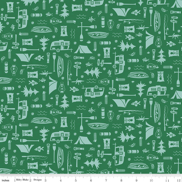 Riley Blake Let's Camp Green fabric with camping icons like tents, canoes, and trailers on green