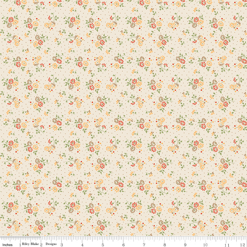 Floral pattern fabric swatch with a ruler at the bottom