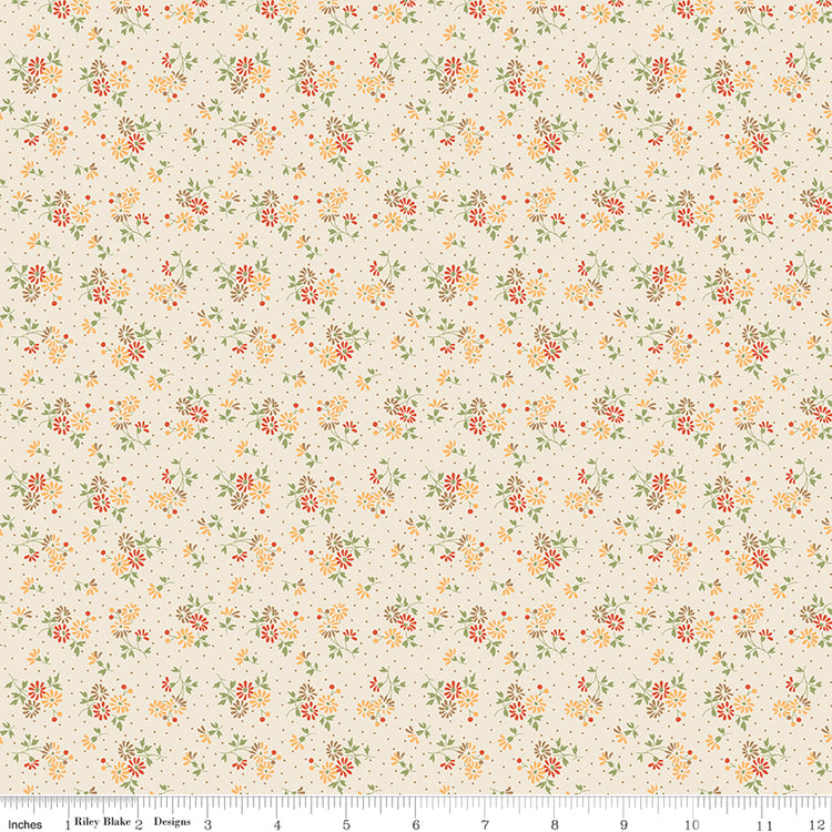 Floral pattern fabric swatch with a ruler at the bottom