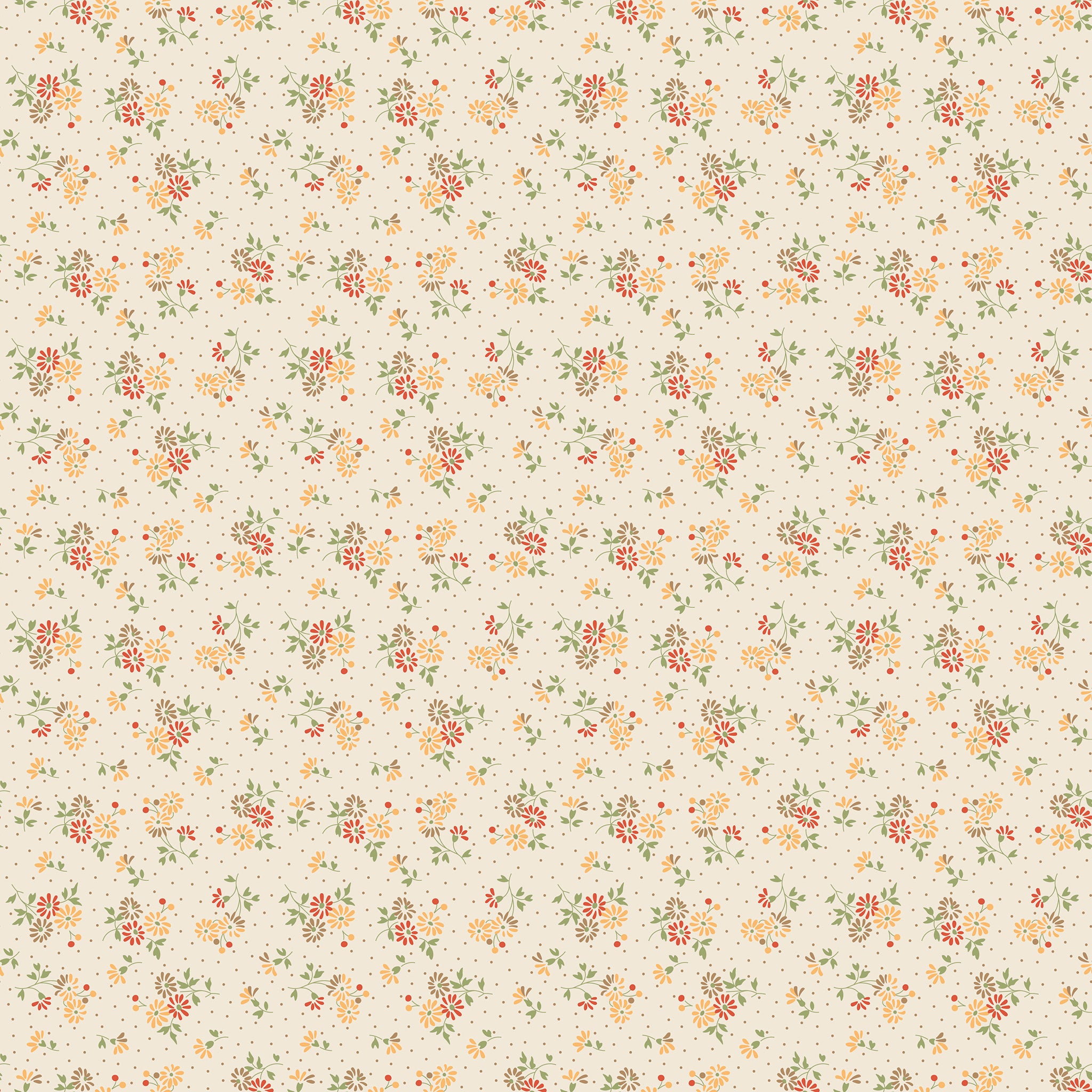 A repeating vintage floral pattern on a warm cream background, featuring small yellow, orange, red, and green flowers with tiny scattered dots throughout.