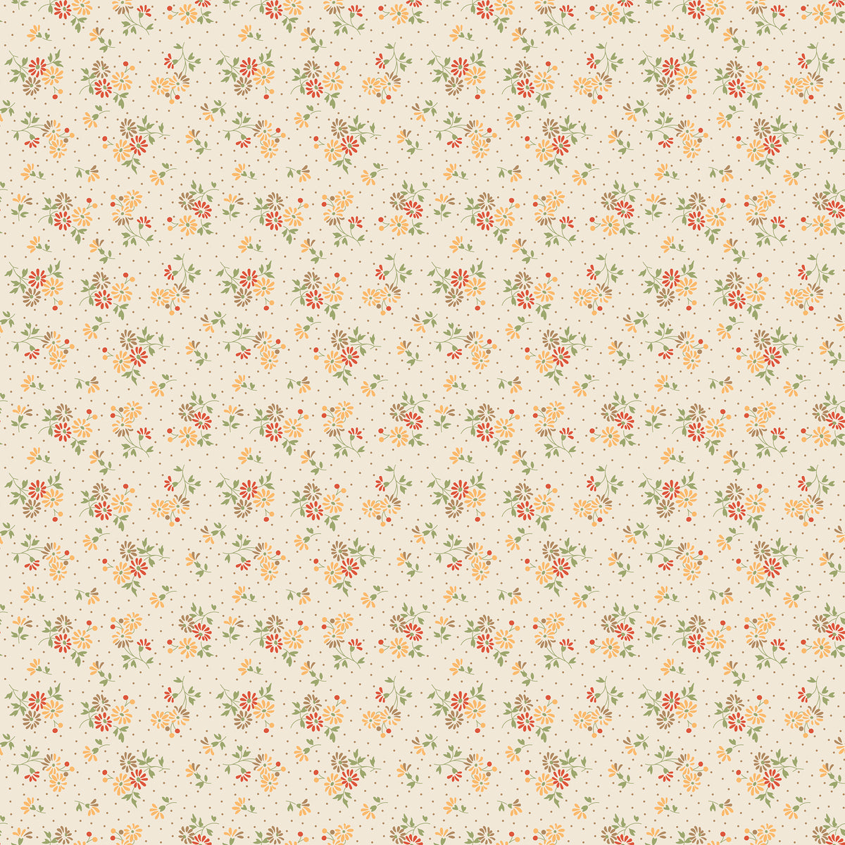 A repeating vintage floral pattern on a warm cream background, featuring small yellow, orange, red, and green flowers with tiny scattered dots throughout.