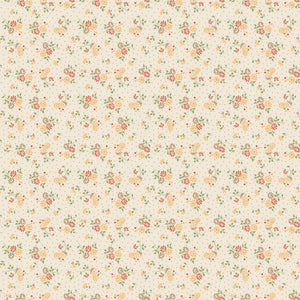 A repeating vintage floral pattern on a warm cream background, featuring small yellow, orange, red, and green flowers with tiny scattered dots throughout.