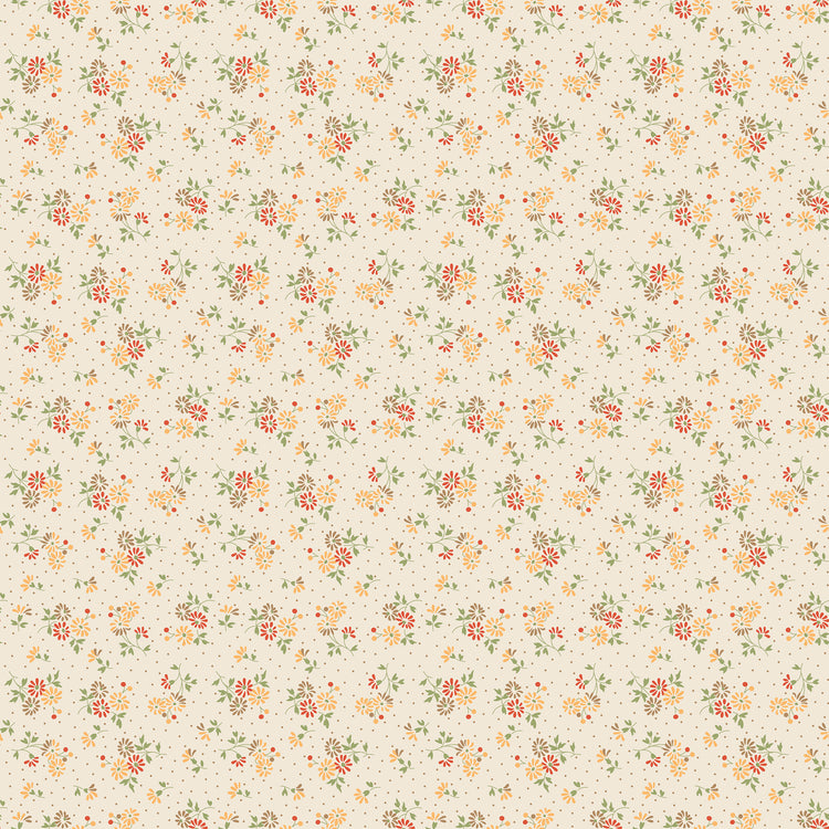 A repeating vintage floral pattern on a warm cream background, featuring small yellow, orange, red, and green flowers with tiny scattered dots throughout.
