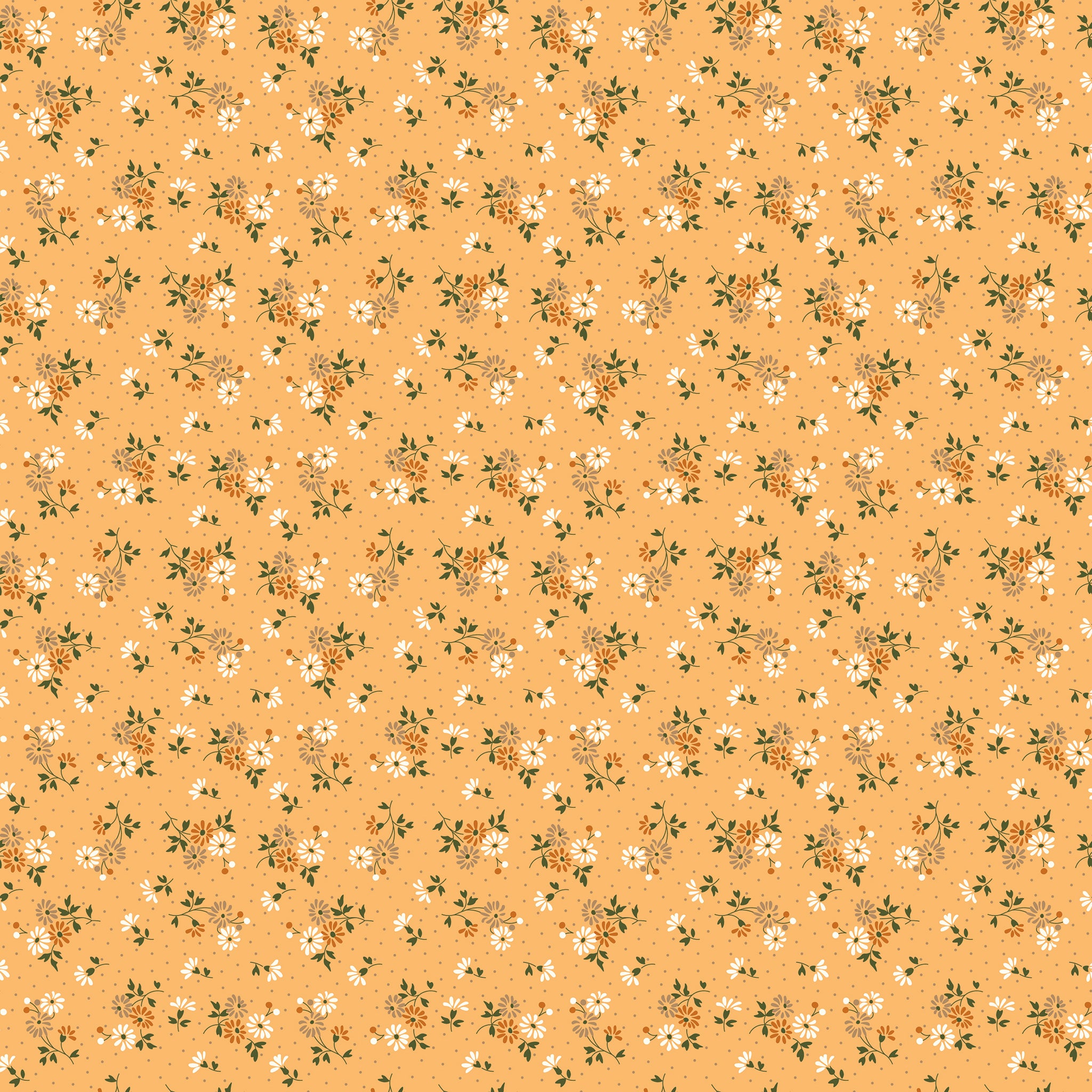 A seamless repeating pattern of small white daisies with yellow centers and green leaves on a warm peach-orange background.