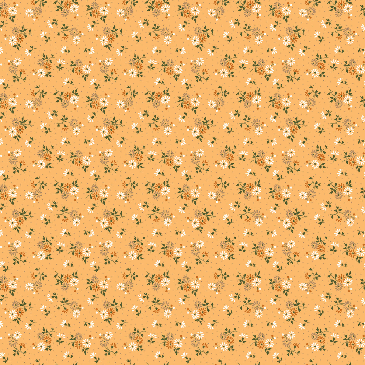 A seamless repeating pattern of small white daisies with yellow centers and green leaves on a warm peach-orange background.