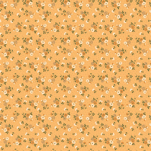 A seamless repeating pattern of small white daisies with yellow centers and green leaves on a warm peach-orange background.