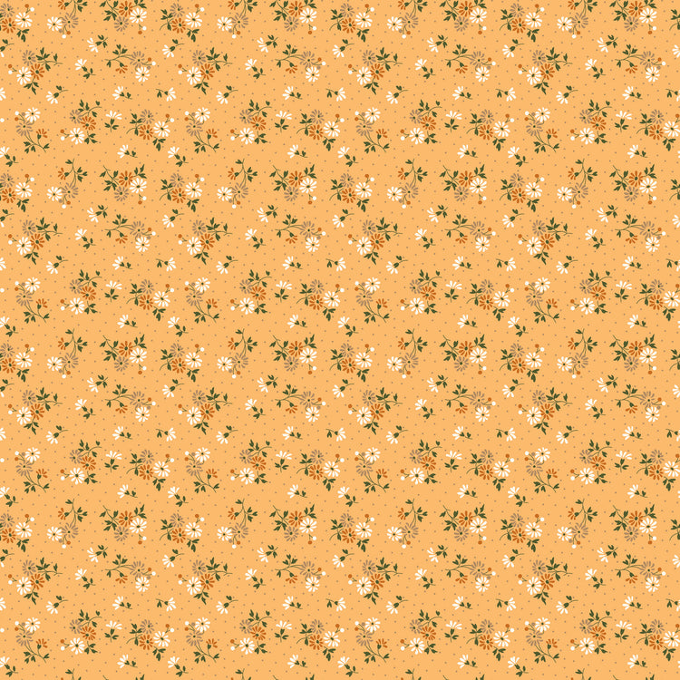 A seamless repeating pattern of small white daisies with yellow centers and green leaves on a warm peach-orange background.