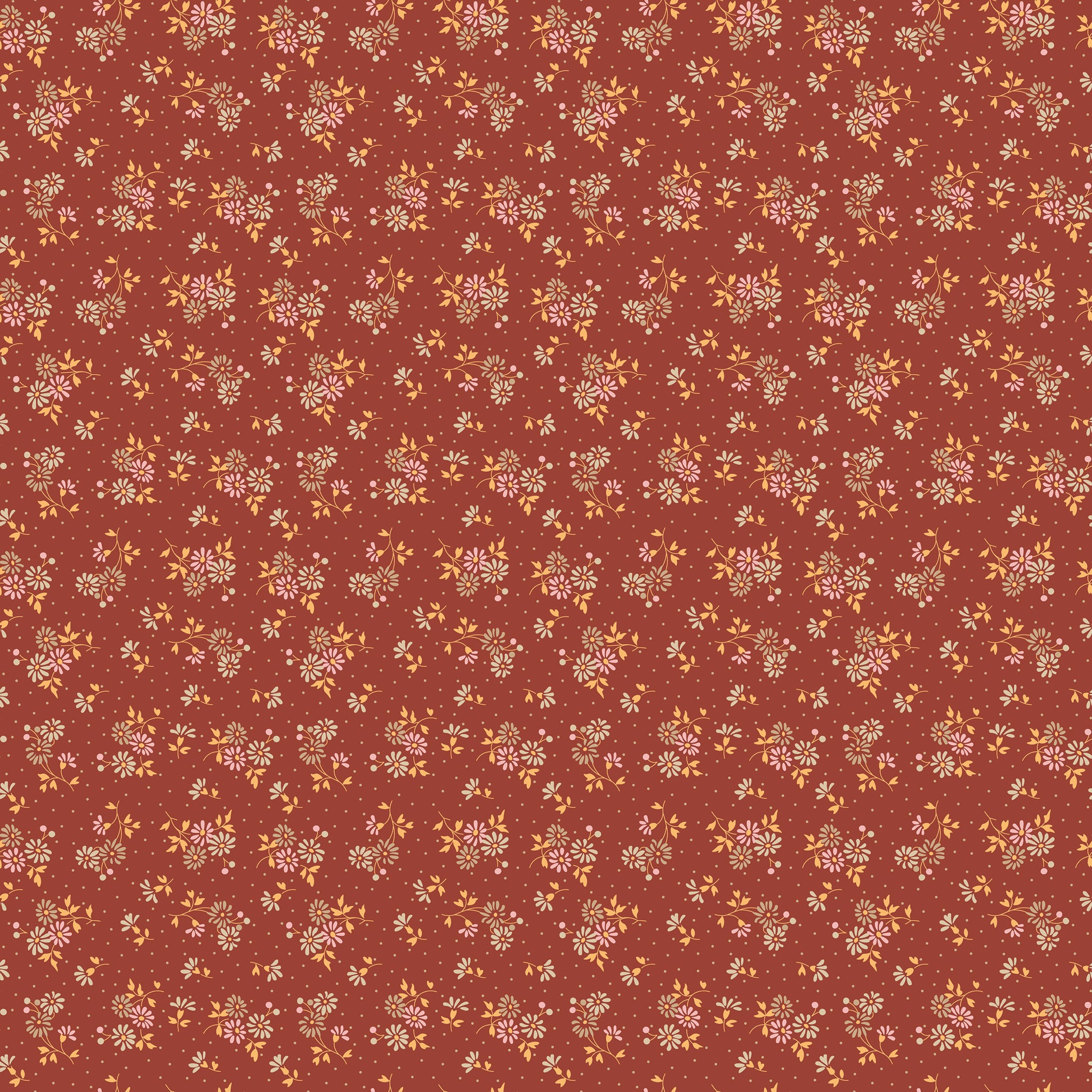A seamless repeating floral pattern featuring small white and yellow flowers with green leaves on a warm terracotta red background.
