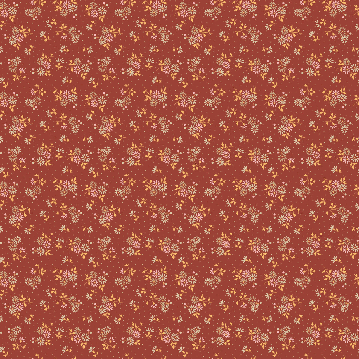 A seamless repeating floral pattern featuring small white and yellow flowers with green leaves on a warm terracotta red background.