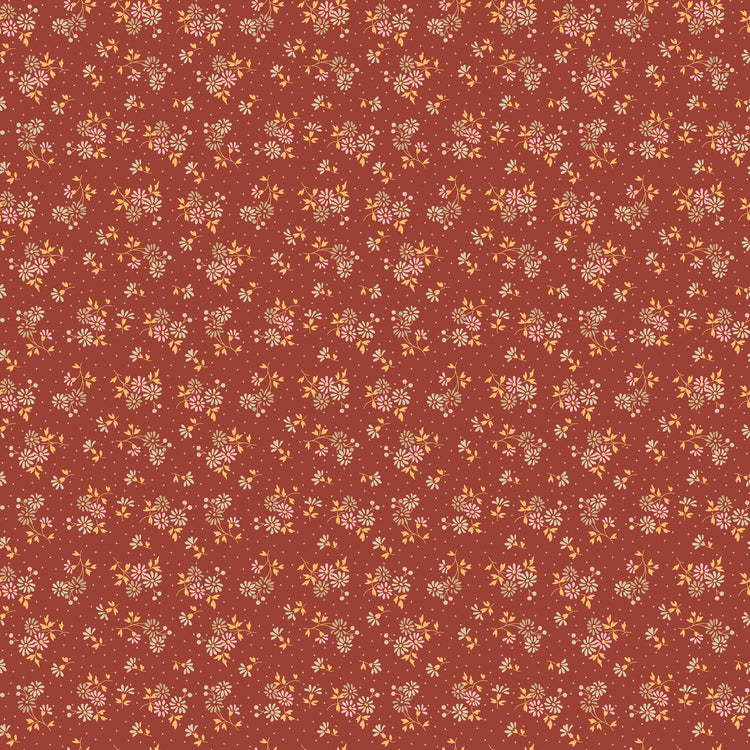 A seamless repeating floral pattern featuring small white and yellow flowers with green leaves on a warm terracotta red background.