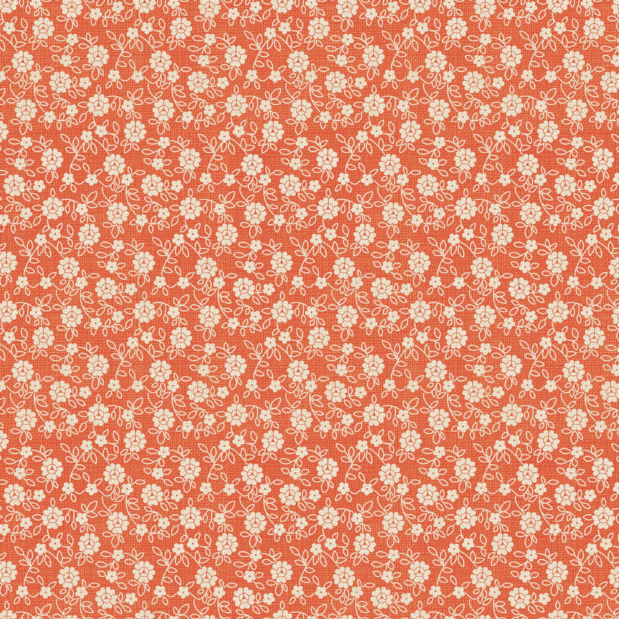 A repeating floral pattern featuring small cream-colored flowers and leaves on a warm coral-orange background.