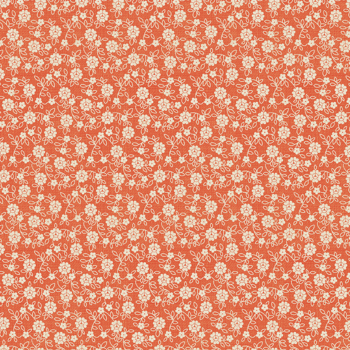 A repeating floral pattern featuring small cream-colored flowers and leaves on a warm coral-orange background.