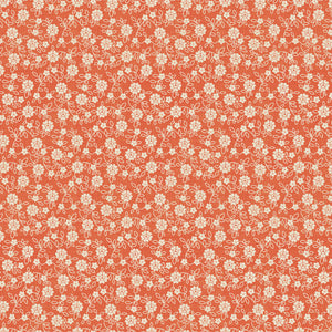 A repeating floral pattern featuring small cream-colored flowers and leaves on a warm coral-orange background.