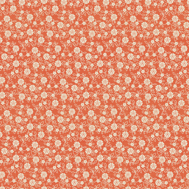 A repeating floral pattern featuring small cream-colored flowers and leaves on a warm coral-orange background.