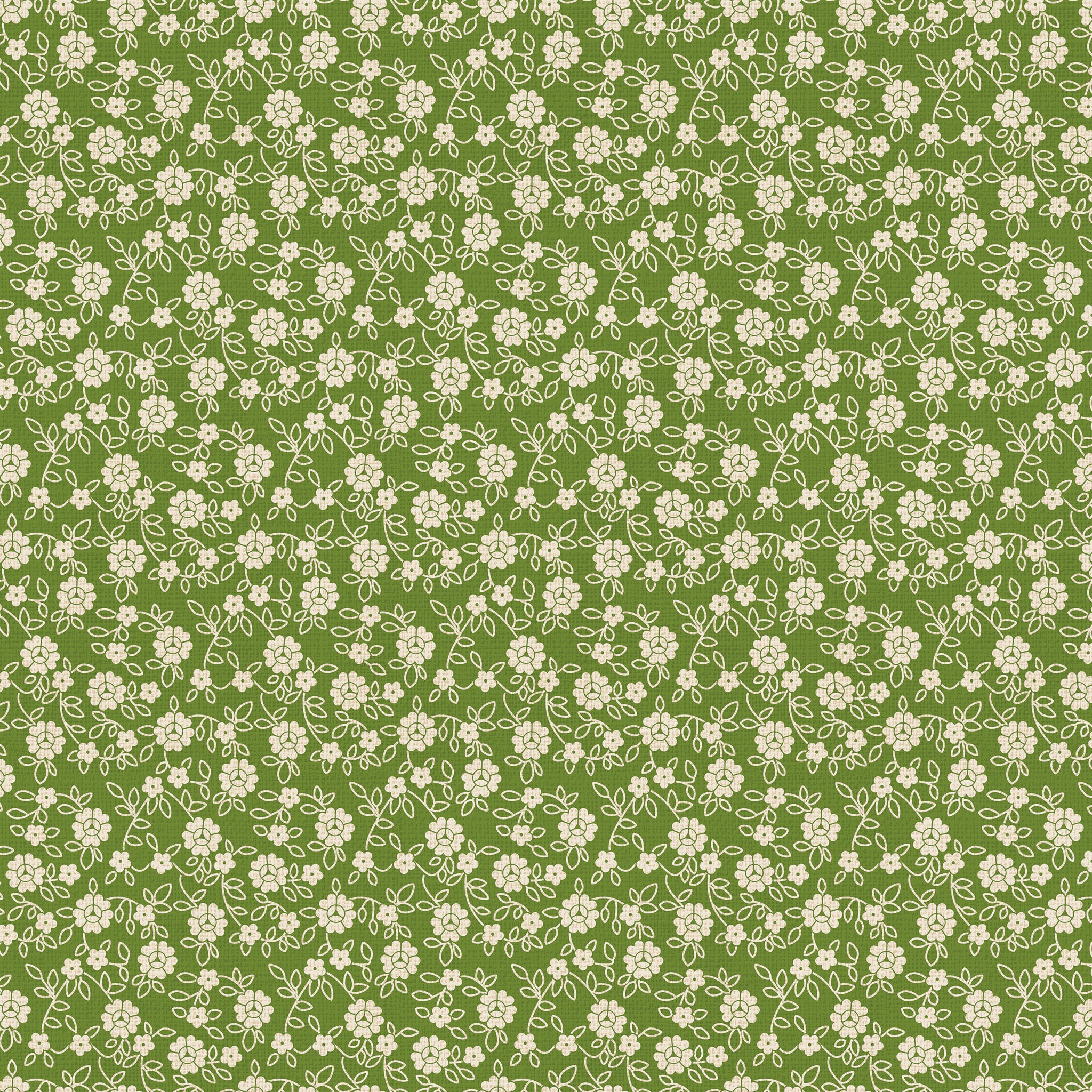 A repeating floral pattern featuring small cream-colored flowers and leaves on a medium olive green background.