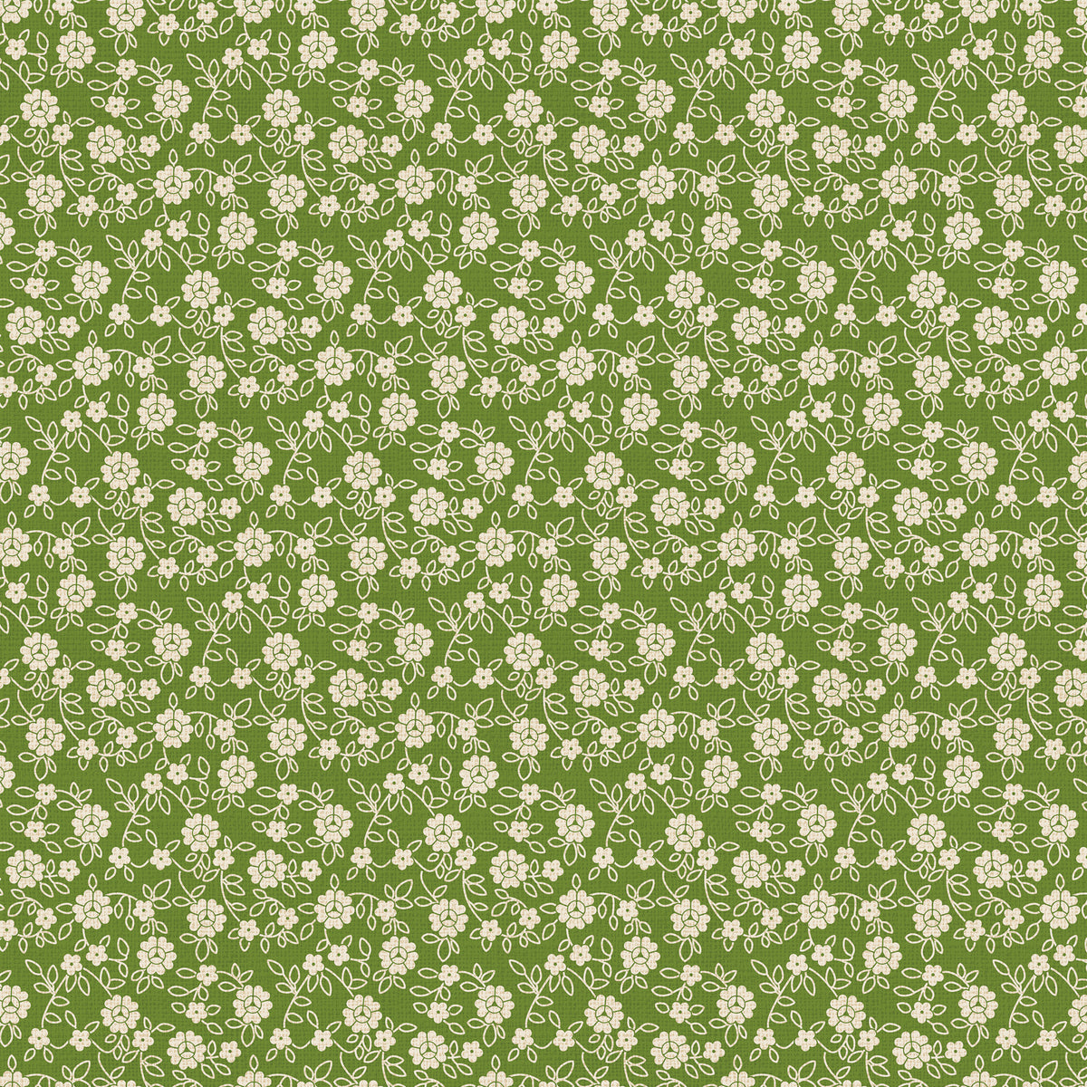 A repeating floral pattern featuring small cream-colored flowers and leaves on a medium olive green background.