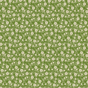 A repeating floral pattern featuring small cream-colored flowers and leaves on a medium olive green background.