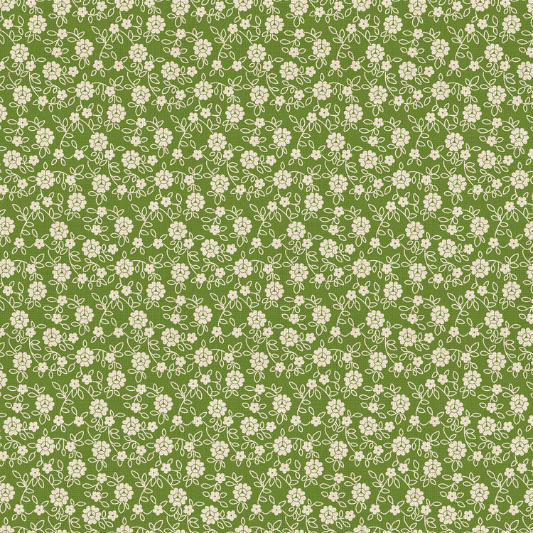 A repeating floral pattern featuring small cream-colored flowers and leaves on a medium olive green background.