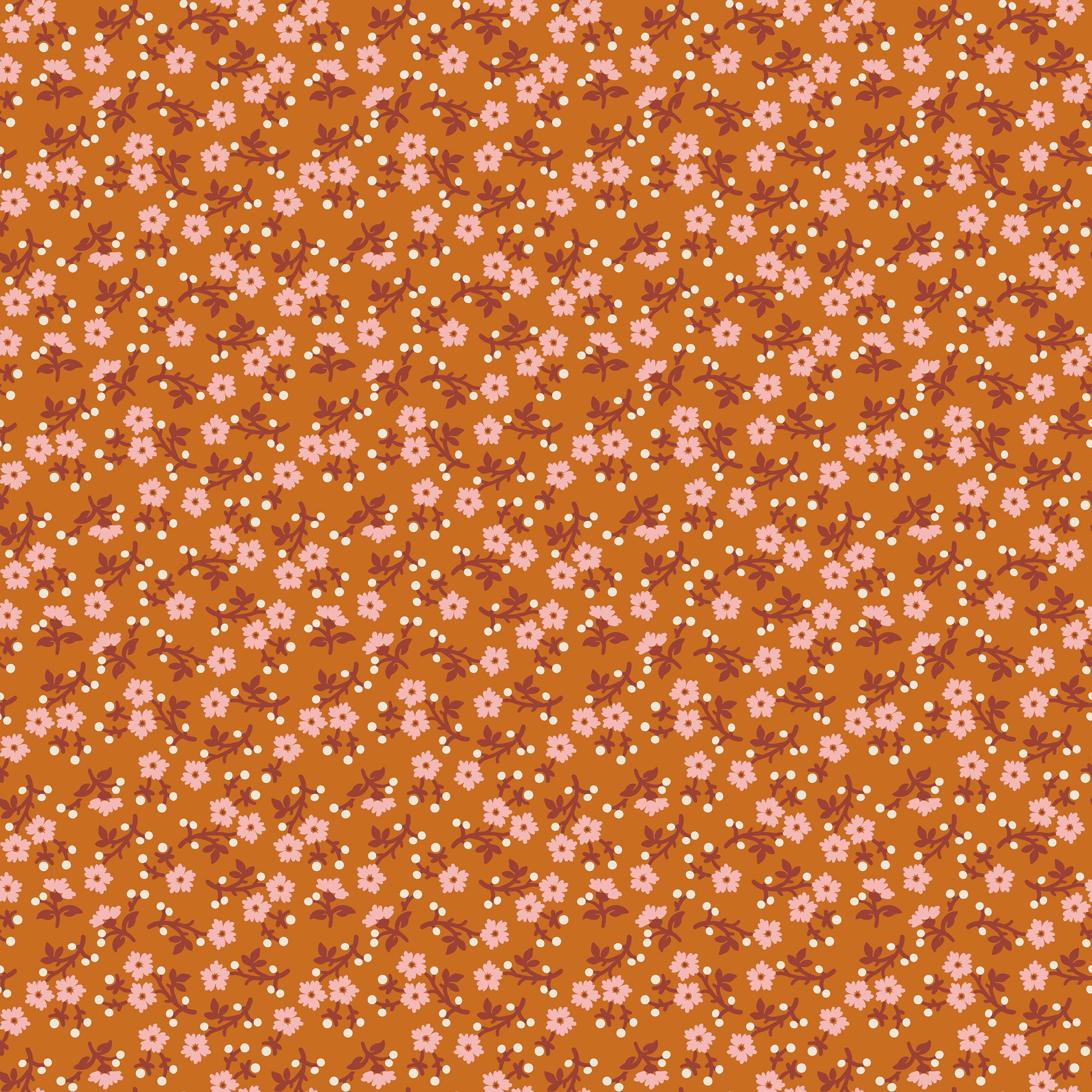 A repeating floral pattern on a warm orange-brown background, featuring small pink flowers, white dots, and muted reddish-brown stems.