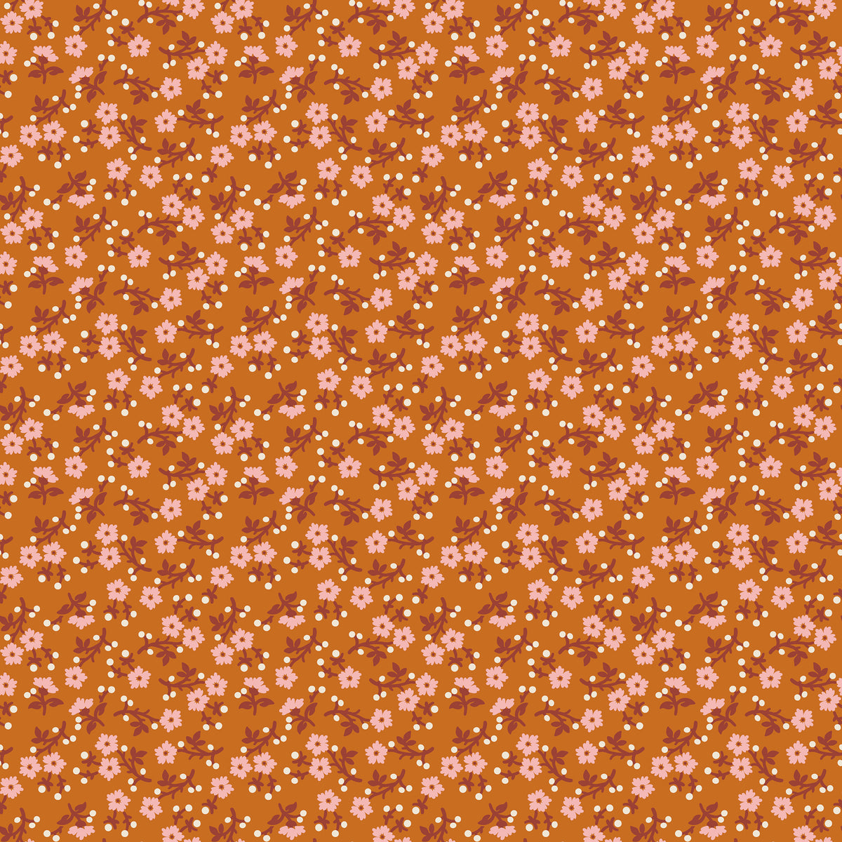 A repeating floral pattern on a warm orange-brown background, featuring small pink flowers, white dots, and muted reddish-brown stems.