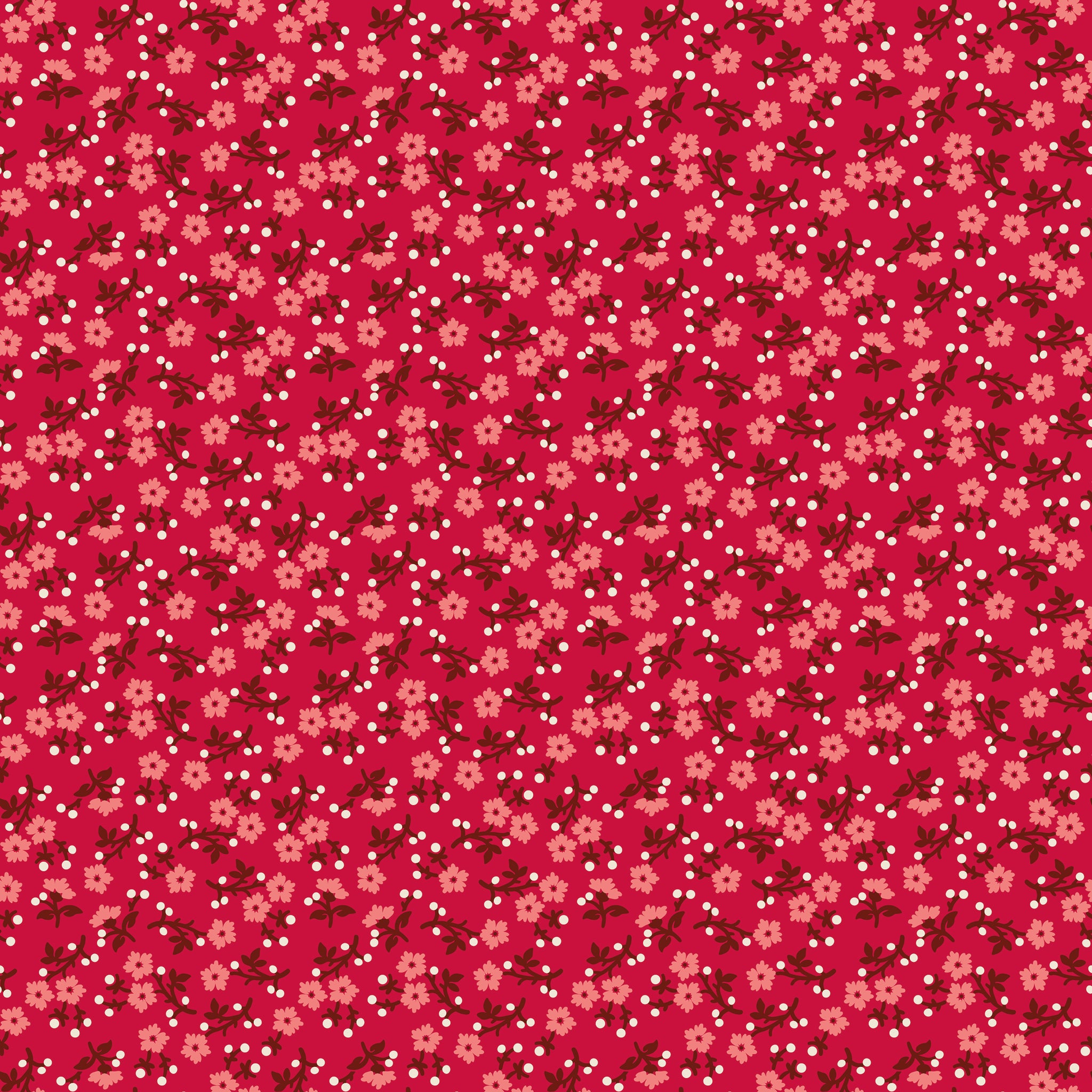 A repeating floral pattern on a bright pink background, featuring small peach flowers, dark red leaves, and scattered white dots.