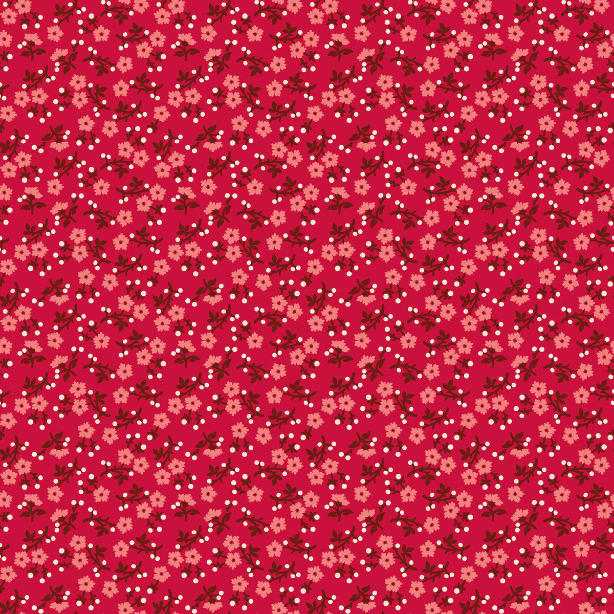 A repeating floral pattern on a bright pink background, featuring small peach flowers, dark red leaves, and scattered white dots.