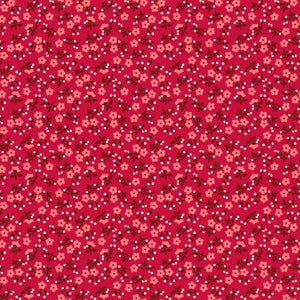 A repeating floral pattern on a bright pink background, featuring small peach flowers, dark red leaves, and scattered white dots.