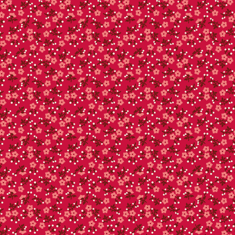 A repeating floral pattern on a bright pink background, featuring small peach flowers, dark red leaves, and scattered white dots.