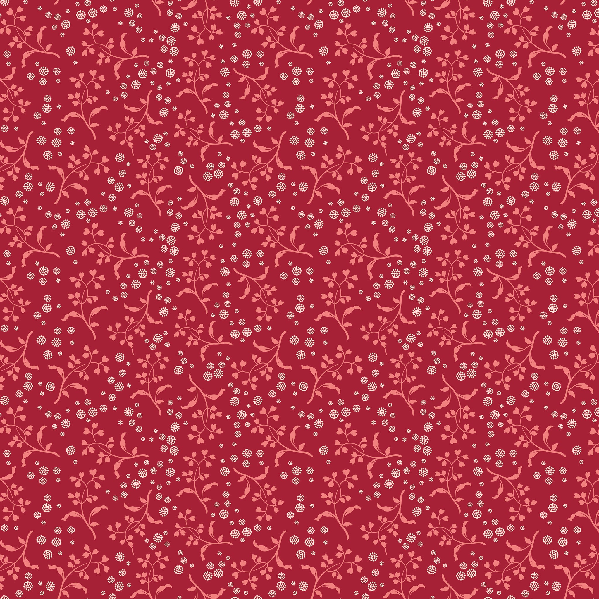 A repeating floral pattern featuring light pink vines and small white blossoms on a deep red background.