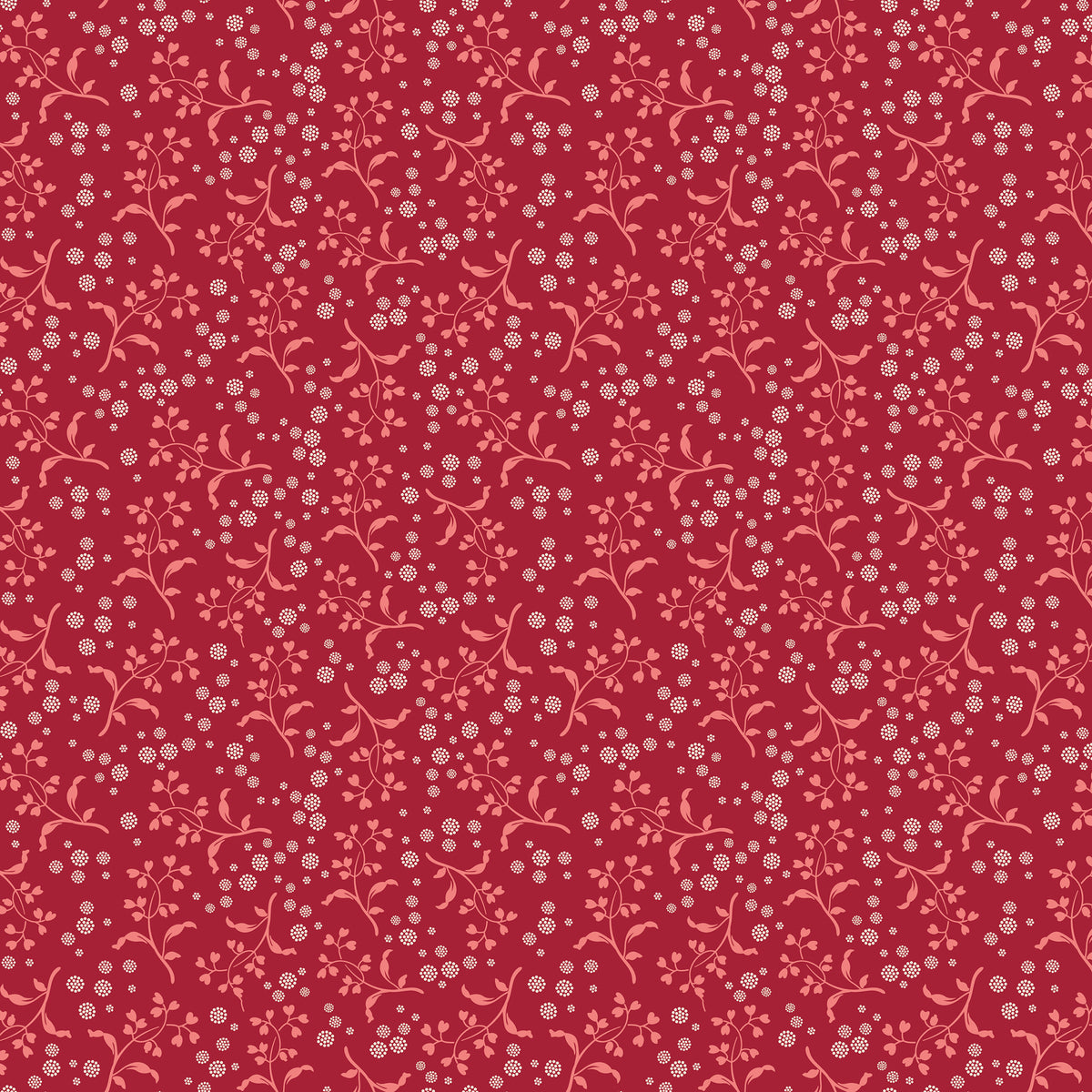 A repeating floral pattern featuring light pink vines and small white blossoms on a deep red background.