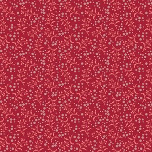 A repeating floral pattern featuring light pink vines and small white blossoms on a deep red background.