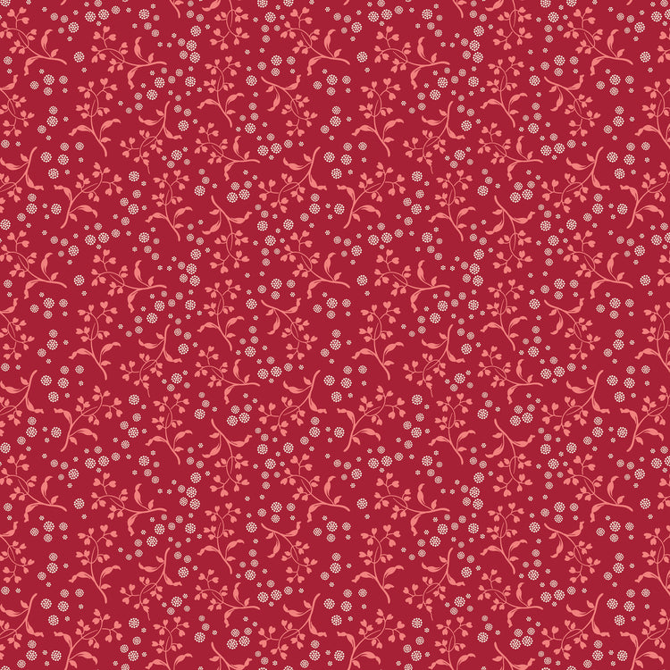 A repeating floral pattern featuring light pink vines and small white blossoms on a deep red background.
