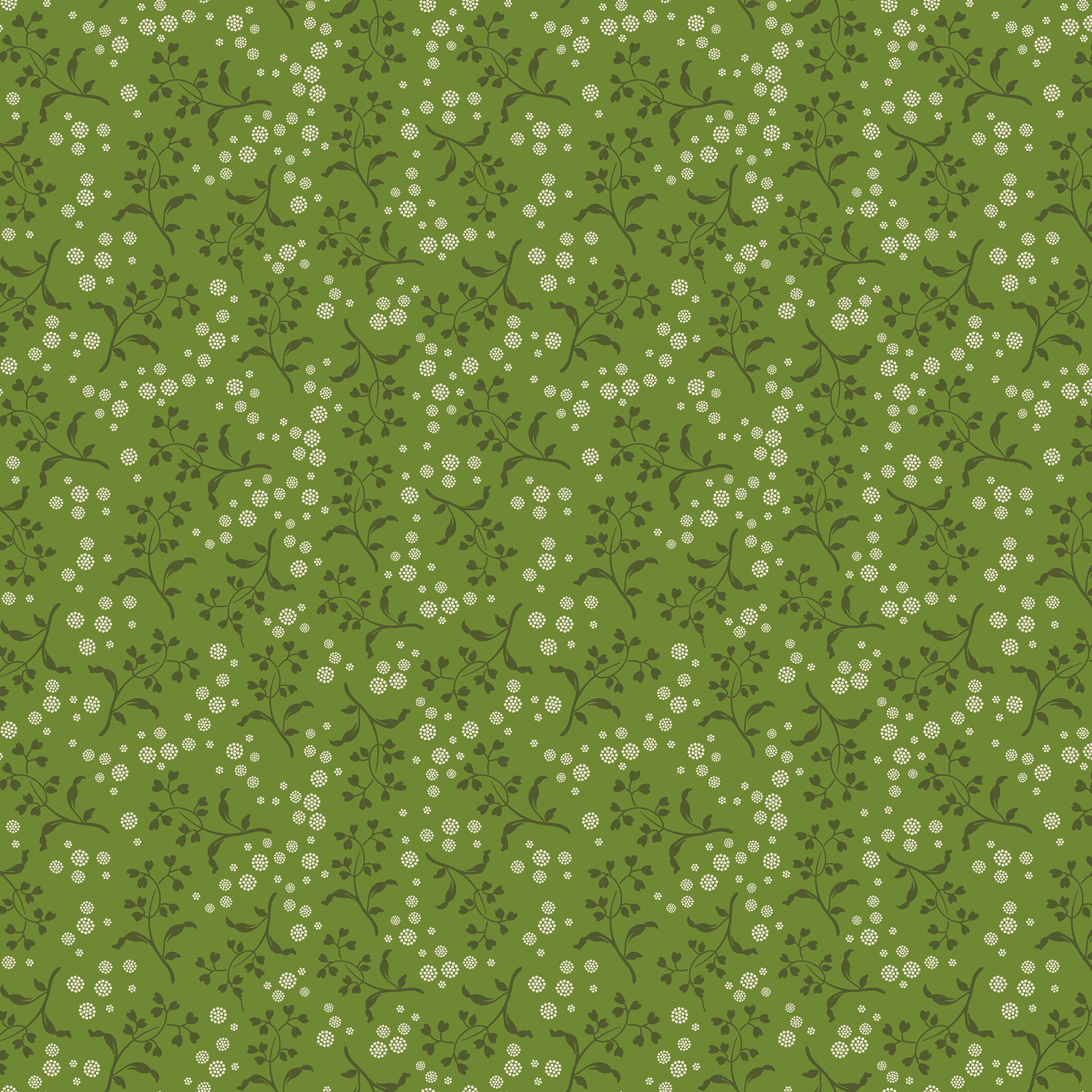 A repeating floral pattern featuring small white flowers and dark green leaves on a medium olive green background.