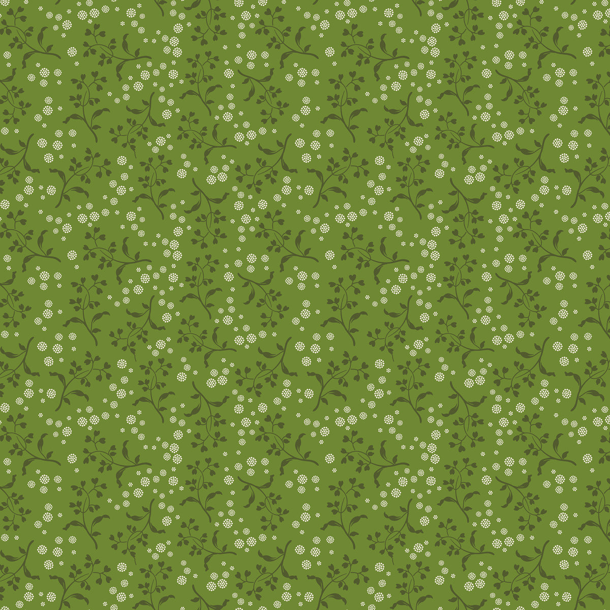 A repeating floral pattern featuring small white flowers and dark green leaves on a medium olive green background.