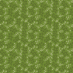 A repeating floral pattern featuring small white flowers and dark green leaves on a medium olive green background.